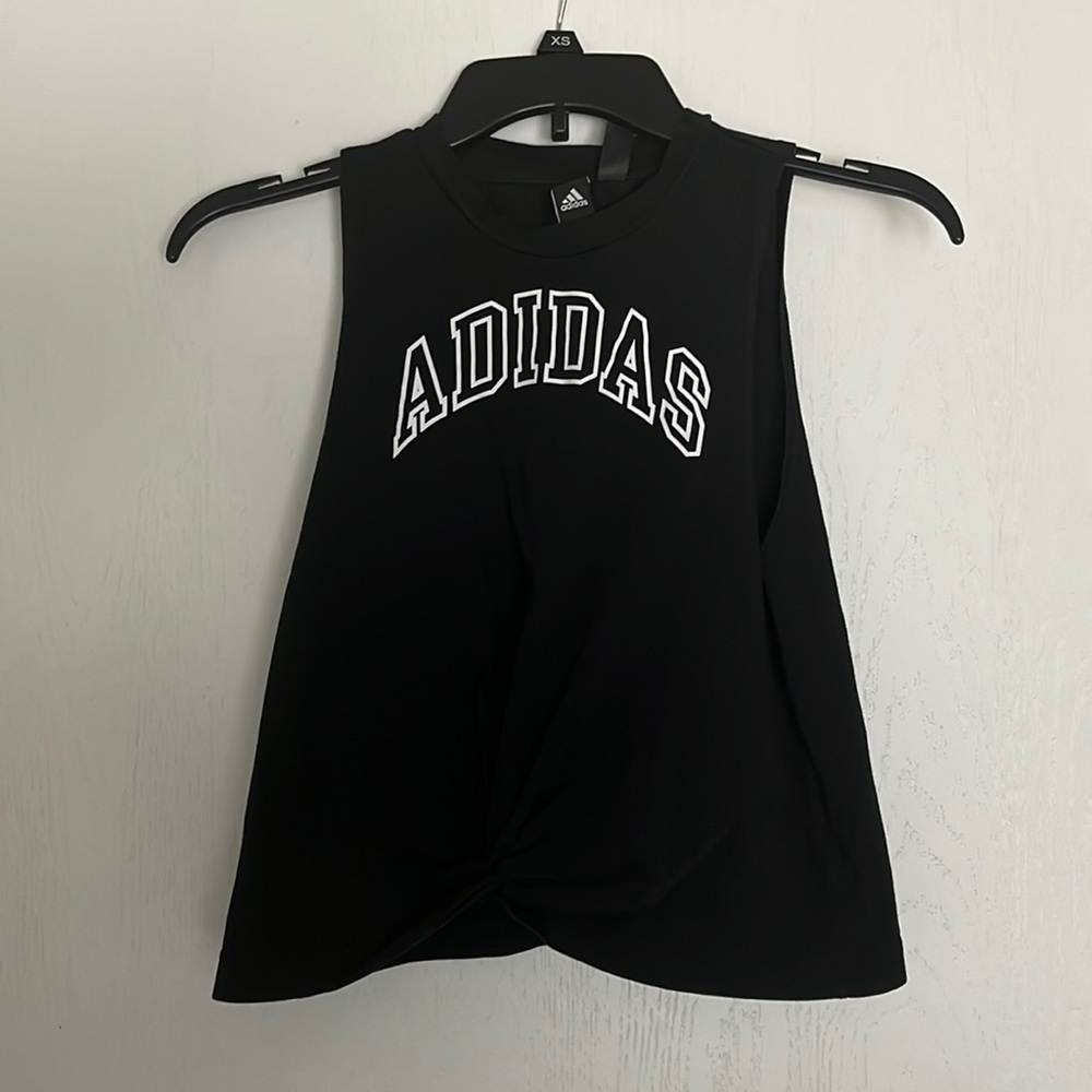 Adidas tank top, black, white writing, size XS